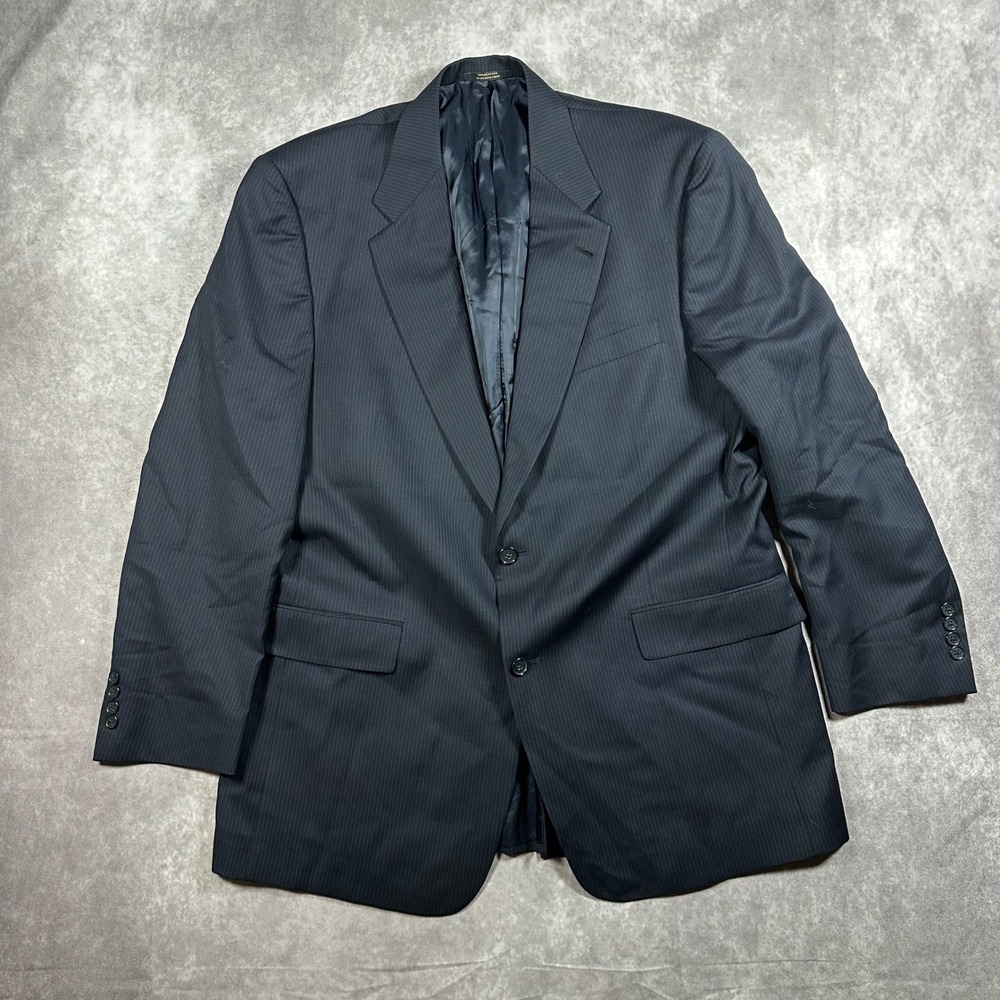 Vintage Hart Schaffner Marx Mens 44R Navy Blue Pinstripe Wool Suit Jacket USA